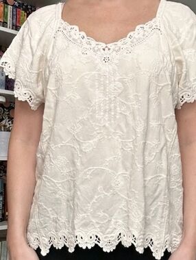 Democracy Cream Embroidered Crochet Lace Short Sleeve Top Size M Boho chic New